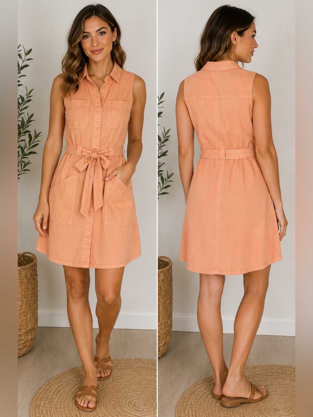 Dex XS Peach Tencel Cotton Utility Shirt Dress Belted Sleeveless Pockets